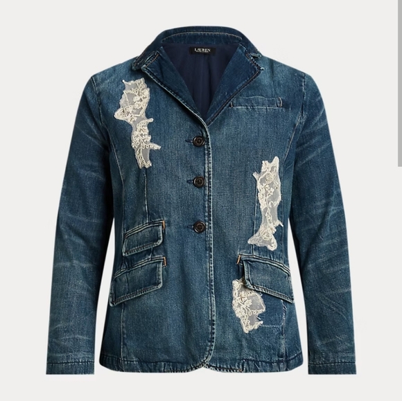 NWT Lauren RL Blue Lace Patchwork Indigo Denim Buttoned Jacket 16W - Picture 2 of 9